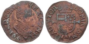 Spanish Netherlands, Philip II, Dubbele Korte Copper ND (1555-1598), Bust right / Crowned arms on cross, VH 319.BG - Bruges, VF