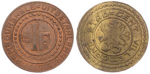 Belgium, Kingdom, Gent, 1 Frank Brass Plated Iron 1915, Emergency Issue - Rampant Lion within circle / Legend : Uitbetaalbaar op 11.1919, KM Tn2a, XF (VARIETY WRONG DATE !)
