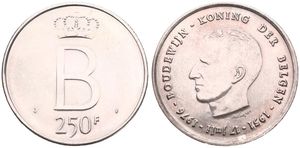 Belgium, Kingdom, Baudouin I, 250 Francs Silver 1976FL, Silver Jubilee, Morin 781a, VARIETY WITH SMALL MONOGRAM B !, UNC