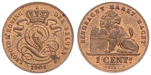 Belgium, Kingdom, Leopold II, 1 Centime Copper 1901/801FL, Seated lion with tablet, Morin 231a, UNC