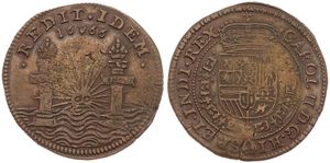 Spanish Netherlands, Charles II, Token in Copper 1666, Inauguration of Charles II : Carol. II. D.G. Hi. Sp. Et. Indi. Rex. / Redit. Idem., Dugniolle 4231, A.XF 