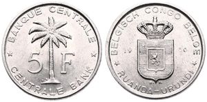 Ruanda-Urundi, Province, Baudouin I, 5 Francs Aluminum 1956, Oil palm divides denomination, KM 3, UNC