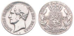 Belgium, Kingdom, Leopold I, 20 Centimes Silver 1852, Bare head left, Morin 58a, Variety without dots between L & W, A.VF (coin has been cleaned)