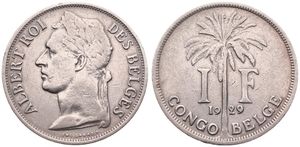 Belgian Congo, Colony, Albert I, 1 Franc Copper-Nickel 1929, Laureate head of the King left, KM 20 French Legend, VF