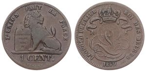 Belgium, Kingdom, Leopold I, 1 Centime Copper 1859, Seated lion with tablet, Morin 127, SCARCER DATE, A.VF