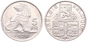 Belgium, Kingdom, Leopold III, 5 Francs Nickel 1938FL/FR (Position B), Seated lion right looking left, Morin 455b, RARE DATE, (Edge lettering with crown), VF/XF