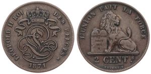 Belgium, Kingdom, Leopold II, 2 Centimes Copper 1871FR, Seated lion with tablet, Morin 208, SCARCE DATE !, VF