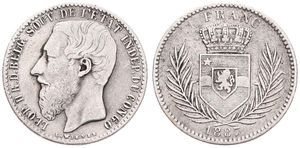Congo Free State, Royal Domain, Leopold II, 1 Franc Silver 1887, Bearded head left, KM 6, KEY DATE, Fine