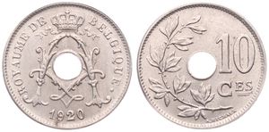 Belgium, Kingdom, Albert I, 10 Centimes Copper-Nickel 1920FR, Center hole within crowned monogram, Morin 337, UNC