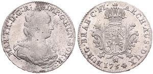 Austrian Netherlands, Maria Theresia, 1/2 Ducaton Silver 1754(l) R, Bust right with decolletage / Crowned arms within cartouche, KM 7 Bruges, VF (Position B)