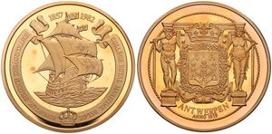 Belgium, Kingdom, Baudouin I, Medal in Bronze 1982, Koninklijk Belgisch Zeemanscollege 1857-1982, Sailing Ship within legend / Antwerp city arms, PROOF