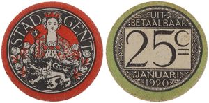 Belgium, Kingdom, Gent, 25 Centimes Carton (1915-1918), Emergency Issue - Stad Gent, Crowned woman above lion shield / Legend : Uitbetaalbaar januari 1920, UNC