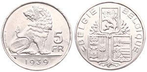 Belgium, Kingdom, Leopold III, 5 Francs Nickel 1939FL/FR (Position A), Seated lion right looking left, Morin 457c, RARE VARIETY, (Edge lettering with STAR !!), XF