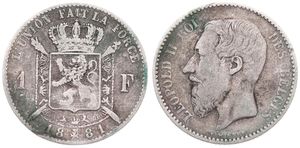 Belgium, Kingdom, Leopold II, 1 Franc Silver 1881FR, Bearded head left, Morin 176, RARE DATE, Fine