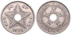 Congo Free State, Royal Domain, Leopold II, 20 Centimes Copper-Nickel 1906, Center hole flanked by crowned monograms within beaded circle, KM 11, VF