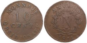 Belgium, Kingdom, Antwerpen (Siege of Antwerp), Napoleon, 10 Centimes Bronze 1814, Emergency issue - N Monogram within wreath - W above ribbon bow, KM 5.4, VF