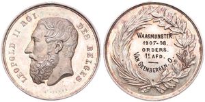 Belgium, Kingdom, Leopold II, Medal in Silver 1907 by L. Wiener, Waasmunster 1907-08 Orders 1st Afd. - Van Grembergen O., Head of the King left / Legend within wreath, XF