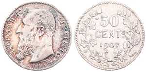Belgium, Kingdom, Leopold II, 50 Centimes Silver 1907FR, Bearded head left, Morin 202, VF