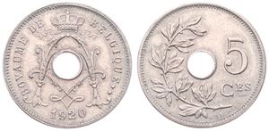 Belgium, Kingdom, Albert I, 5 Centimes Copper-Nickel 1920FR, Center hole within crowned monogram, Morin 358, UNC