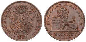 Belgium, Kingdom, Leopold II, 2 Centimes Copper 1905/02FL, Seated lion with tablet, Morin 216a, SCARCE OVERSTRIKE !, UNC