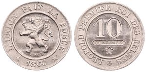 Belgium, Kingdom, Leopold I, 10 Centimes Copper-Nickel 1863, Rampant lion within circle left, Morin 135, A.UNC