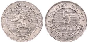 Belgium, Kingdom, Leopold I, 5 Centimes Copper-Nickel 1862/61, Rampant lion within circle left, Morin 138a, A.UNC
