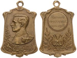Belgium, Kingdom, Albert I, Medal in Bronze 1914-1915 by J. Fisch, Belges Toujours, Uniformed bust left - shield below left / Legend in 3 lines within beaded circle above wreath, XF