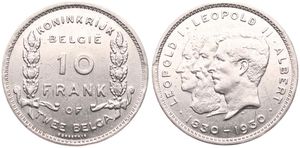 Belgium, Kingdom, Albert I, 10 Francs (2 Belgas) Nickel 1930FL (Position A), 100th Anniversary of Belgian Independence, Morin 381a, XF