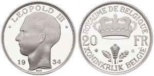 Belgium, Kingdom, Leopold III, Restrike : 20 Francs Silver 1934FR/FL, Head left, GR-BR 3975, PROOF