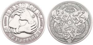 Belgium, Kingdom, Baudouin I, Benelux - 1 Statendaalder in Silver 1979, Three hands shaking each other within circle / Three national shields, GMJ E.2b.1, SCARCE, UNC