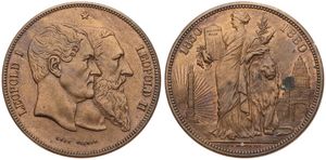 Belgium, Kingdom, Leopold II, 5 Francs (Medallic) Copper 1880, 50th Anniversary of Belgian Independence, Morin M/13f, (With 13 rays left from column), XF 