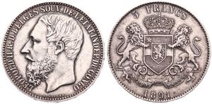 Congo Free State, Royal Domain, Leopold II, 5 Francs Silver 1891, Bearded head left, KM 8.1, RARE, VF