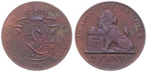 Belgium, Kingdom, Leopold I, 2 Centimes Copper 1860, Seated lion with tablet, Morin 108b, WITH SMALL o IN DATE, Fine