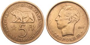 Belgian Congo, Colony, Leopold III, 5 Francs Nickel-Bronze 1937, Head of the King left, KM 24, VF