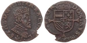 Spanish Netherlands, Philip II, 1 Maille Copper 1591, Crowned bust right / Crowned arms on cross, VH 333.BG - Bruges, A.VF