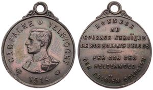 Belgium, Kingdom, Albert I, Medal in Copper 1914 by J. Baetes, Campagne - Veldtocht - Eer aan den heldenmoed der Belgien soldaten, Uniformed bust left / Legend in 7 lines, XF