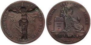 Belgium, Kingdom, Leopold I, 10 Centimes Copper 1833, Seated lion with tablet, Morin 62, VARIETY : Privatly engraved with (we believe) the figure of Jesus Christ, VF