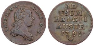 Austrian Netherlands, Leopold II, 1 Liard Copper 1792(b), Draped bust right / Legend in 5 lines, KM 52 Brussels, A.VF