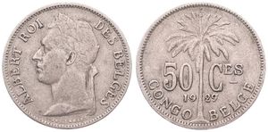 Belgian Congo, Colony, Albert I, 50 Centimes Copper-Nickel 1929/27, Laureate head of the King left, KM 22 French Legend, VF