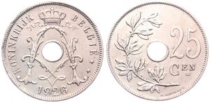 Belgium, Kingdom, Albert I, 25 Centimes Copper-Nickel 1926FL, Center hole within crowned monogram, Morin 330, A.UNC