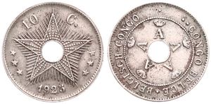 Belgian Congo, Colony, Albert I, 10 Centimes Copper-Nickel 1925, Center hole flanked by crowned monograms within beaded circle, KM 18, VF 