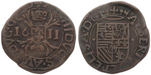 Spanish Netherlands, Albrecht & Isabella, 1 Oord Copper 1611, Crowned arms / Crowned city coat of arms on cross, VH 606.RO - Roermond, A.VF