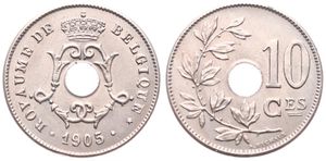 Belgium, Kingdom, Leopold II, 10 Centimes Copper-Nickel 1905FR, Center hole within crowned monogram, Morin 264, UNC