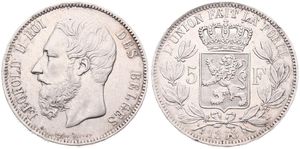 Belgium, Kingdom, Leopold II, 5 Francs Silver 1868, Bearded head left, Morin 155, A.XF