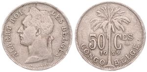 Belgian Congo, Colony, Albert I, 50 Centimes Copper-Nickel 1929/20, Laureate head of the King left, KM 22 French Legend, VF