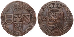 Spanish Netherlands, Philip IV, 1 Oord Copper 1648, Crowned title and three shields / Crowned arms, VH 653.BS - Brussels, A.VF 
