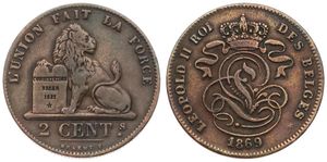 Belgium, Kingdom, Leopold II, 2 Centimes Copper 1869FR, Seated lion with tablet, Morin 206, RARE KEY DATE, VF