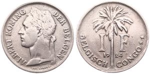 Belgian Congo, Colony, Albert I, 1 Franc Copper-Nickel 1924, Laureate head of the King left, KM 21 Flemish Legend, VF