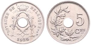 Belgium, Kingdom, Albert I, 5 Centimes Copper-Nickel 1926/25FR, Center hole within crowned monogram, Morin 368a, UNC