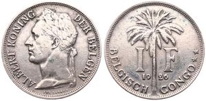 Belgian Congo, Colony, Albert I, 1 Franc Copper-Nickel 1926, Laureate head of the King left, KM 21 Flemish Legend, VF